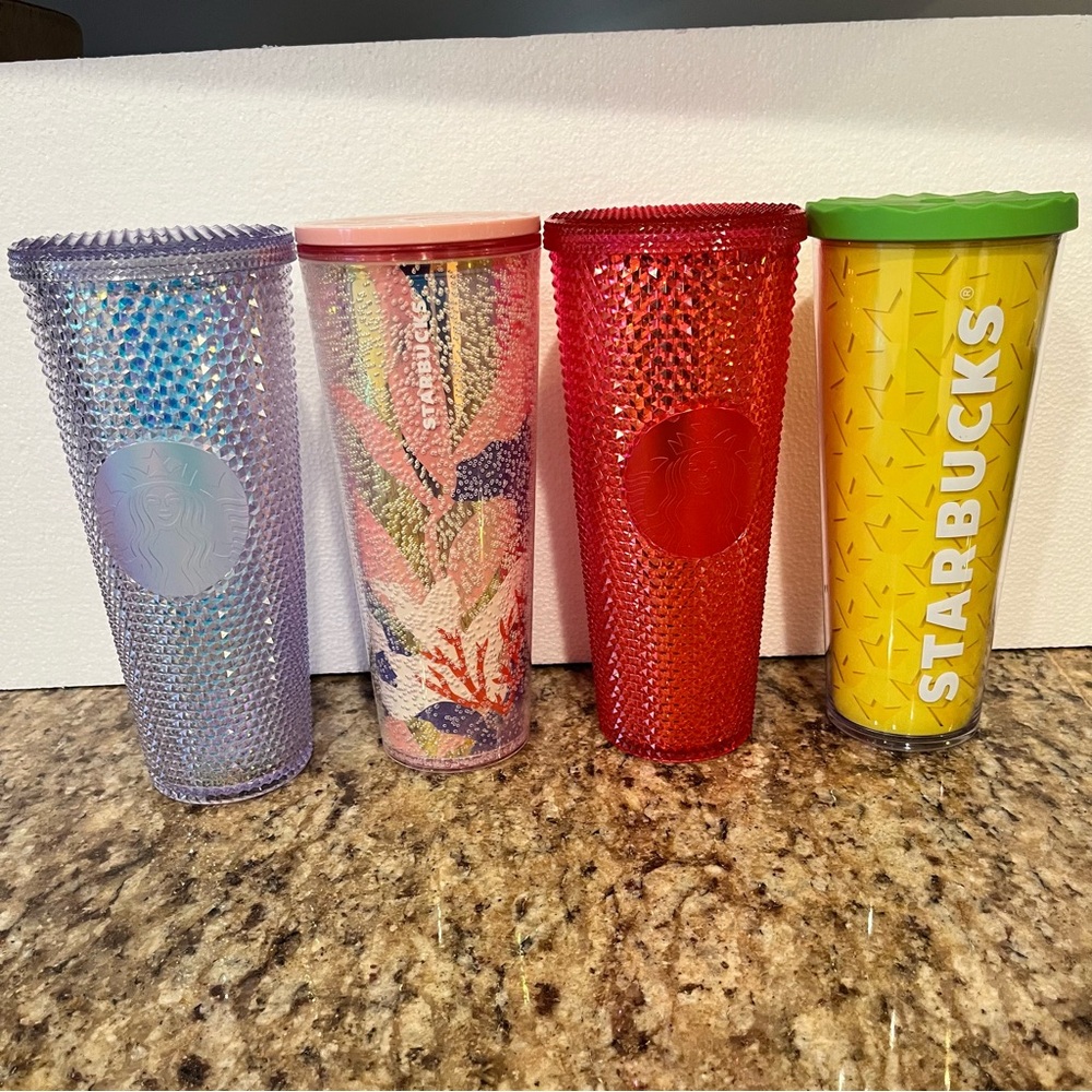 Lot of 4 Starbucks Pink Iridescent Studded Pineapple Bubble Venti Tumblers Cups